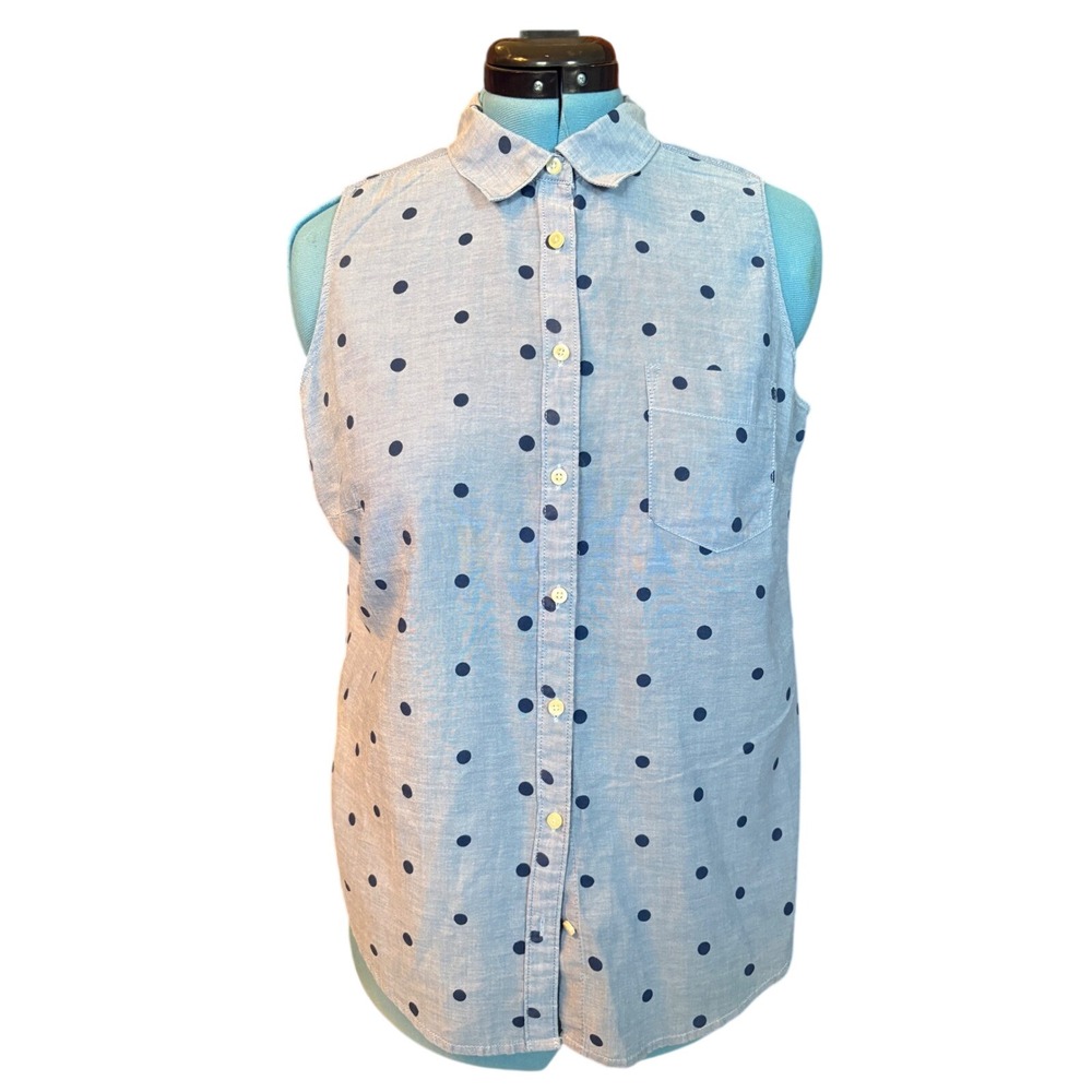 St John's Bay Womens Blue Polka Dot Sleeveless Chambray Shirt Large 70819-8